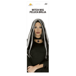 Ilgas juodas perukas su baltomis sruogomis