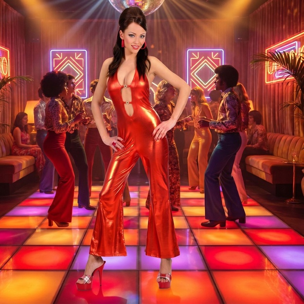 Groove in Glam: Izcila 70. gadu stila sarkans disko kombinezons sievietēm